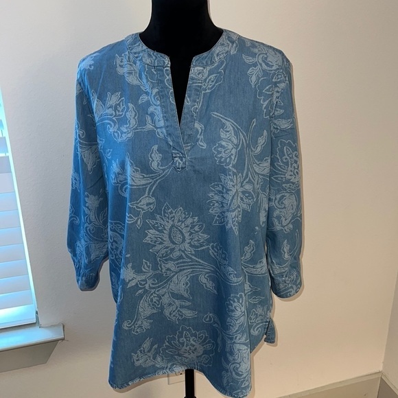 Chico’s 100% cotton denim print tunic blouse Sz L / 12 - Picture 1 of 9